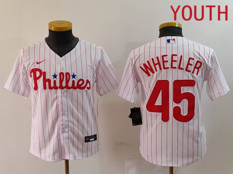 Youth Philadelphia Phillies #45 Wheeler White stripe Nike Game 2024 MLB Jersey style 1->youth mlb jersey->Youth Jersey
